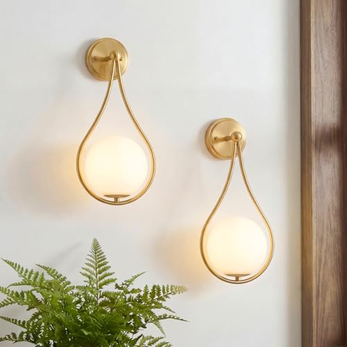 Image of Mid-Century Wall Sconces Set of 2 Gold | Modern Globe Wall Lighting Indoor Hardwired Wall Lights for Hallway Office Porch Bedroom Living Room Stairway