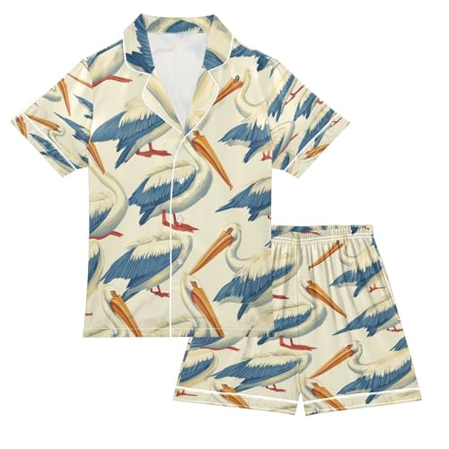 Satin Pajama Sets Short Sleeve Pelican Pattern Cartoon Button Down Silky Nightwear 2 Piece PJS 5-14Y