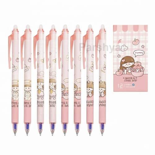 Image of KiddieWorld Erasable Gel Pens Pack of 12 | 0.5 mm Fine Tip Blue Ink | Cute Cartoon Design | Smooth Writing Heat Erase Pens for School, Students, Kids & Office Use