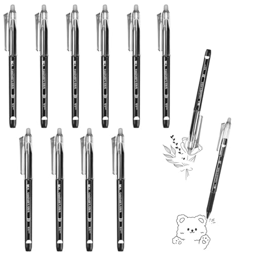 Bdeutrophic 10Pcs Erasable Pens Black, 0.5mm Erasable Pens, Erasable Pen with Rubbers On The End, Black Erasable Pens Applicable To Home Office/Meeting Minutes/Sketching/Drawing Comics