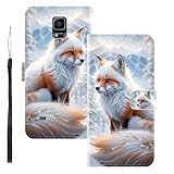 WUACYEAMING Coque pour Samsung Galaxy Note 4,Protection Housse en Cuir PU Portefeuille à Rabat Motif Cover Kickstand Bumper Antichoc [Fentes pour Cartes] Le Renard