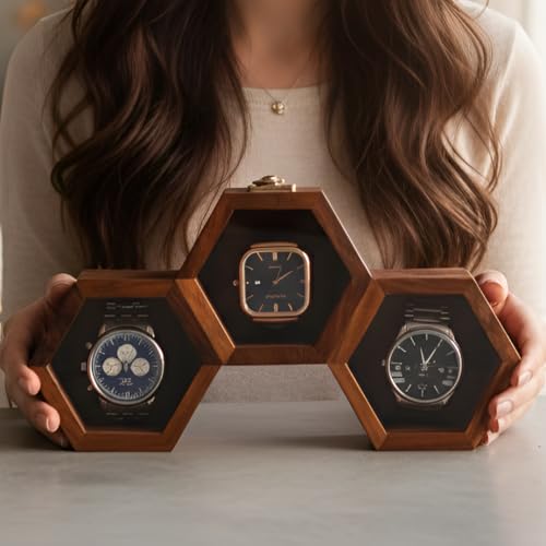 Image of Vintage Wooden Watch Box for Men, Timepiece Display Case, Honeycomb Watch Storage & Organizer, Jewlery Box for Women, Anniversary Gift For Husband (3 Compartments)