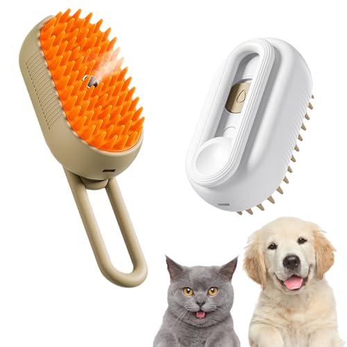 DRABEX Steamy Brush Pro, 3 in 1 Steamy Pet Brush, 360° Swivel Handle, Pet Spray Massage Comb for Cats and Dogs, One-Click Spray Anti-Flying Comb, Bath Brush (White+Brown)