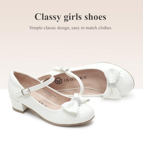 LseLom Girls White Dress Shoes Mary Jane Shoes for Girls Low Heel Hook and Loop Bowknot Flats for School Wedding Party2