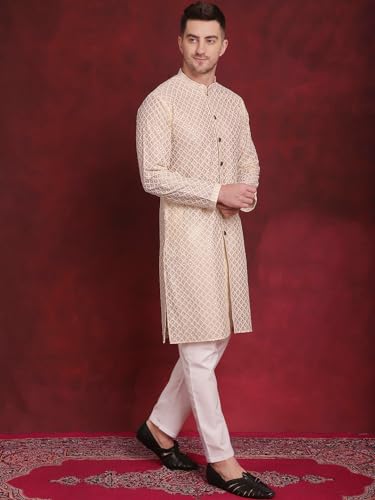 Image of Jompers Men's Silk Blend Regular Fit Sequin Chikankari Front Open Kurtas
