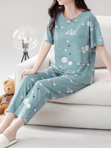 Image of Women's Korean Style Night Suit Set | Cotton Half Sleeve Top & Pyjama Set | Round Neck Printed Nightsuit | Comfortable Nightwear & Loungewear for Women | Sleepwear Pjs Lounge Set |Co-ords Outfit