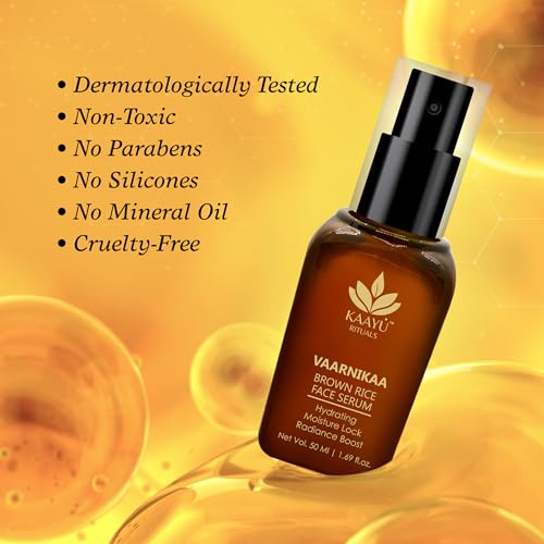 Image of Vaarinikaa Brown Rice Face Serum with Saffron, Vitamin E, Niacinamide & Coffee | Lightweight Ayurvedic Serum for Up to 72 Hours Hydration & Even-Looking Complexion | All Skin Types, 50ml