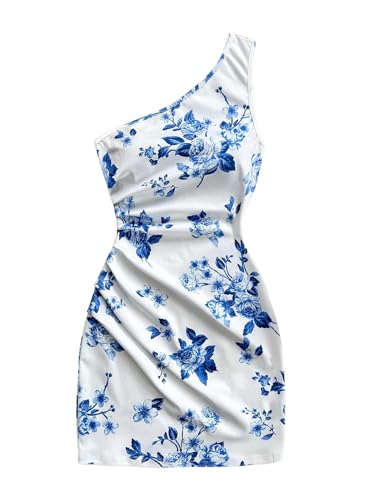 MakeMeChic Girl's Floral One Shoulder Dress Ruched Sleeveless Bodycon Summer Mini Dresses