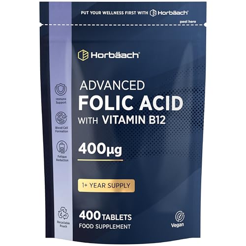 Folic Acid Tablets 400mcg | 400 Count (1+ Year Supply) | with Added 5mcg of Vitamin B12 Cyanocobalamin | Pregnancy Support | Suitable for Vegans | By Horbaach
