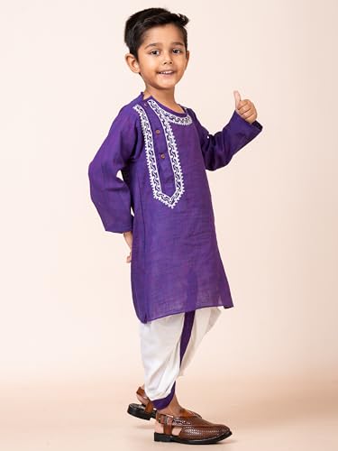 Image of Kids Ethnic Wear - Embroidered Handloom Cotton Kurta & Elastic Waist Dhoti Set for Boys | Traditional Dress for Baby & Toddler
