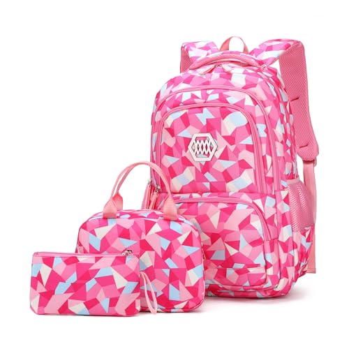 3Pcs Geometric Prints Girls Backpack with Lunch Bag Set, School Bag Backpack for Girls and Lunchbox Set
