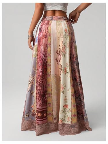 GORGLITTER Women's Floral Patchwork Boho Maxi Skirt High Waisted Lace A Line Renaissance Skirts2