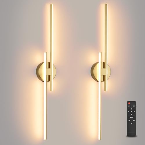 Image of Battery Operated Wall Sconce Set of 2,Gold 31.4 inch 3000K-6500K LED Dimmable Wall Sconces with Remote Control,Wireless Wall Light USB Rechargeable for Bedroom Hallway Living Room Background Wall Lighting