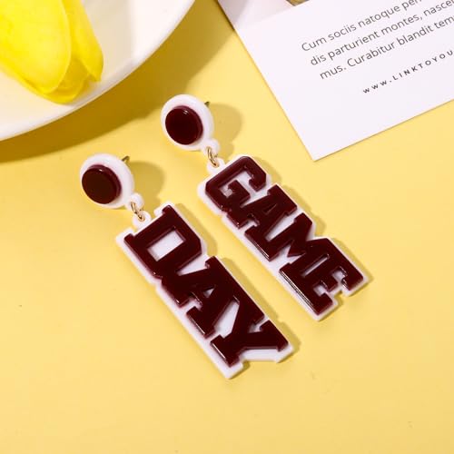 Game Day Earrings for Women, Acrylic Football Earrings Game Day Accessories Team Sports Fan Earring Football Team Gifts (Wine Red&White) - Thumbnail 4