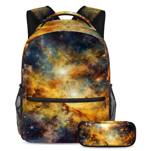 Sac à dos étudiant galaxie jaune avec trousse scolaire pour garçon et fille