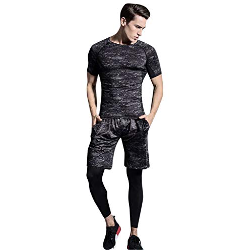 Rikay Man Athletic Fitness Compression Tights Print Sportswear Running Quick Drying Shirt + Pants Sets Plus Size S-3XL Gray