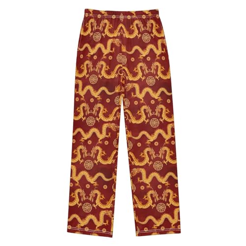 Chinese Dragon Good Fortune Boys Long Pants Soft Trousers Elastic Waist Kids Lounge Bottoms with Pockets S-XL