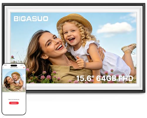 Marco de fotos digital Frameo WiFi de 64 GB, 15.6 pulgadas, blanco y negro, 1920 x 1080P FHD IPS, marco de fotos electrónico, memoria de 64 GB, rotación automática, montaje en pared, compartir fotos y
