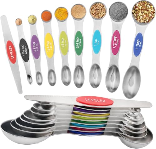 Image of Magnetic Measuring Spoons Set of 9 with Leveler, Color-Coded Dual Sided Stainless Steel Measuring Spoon Set, Stackable Teaspoon and Tablespoon Set for Baking, Cooking, Kitchen Gadgets.