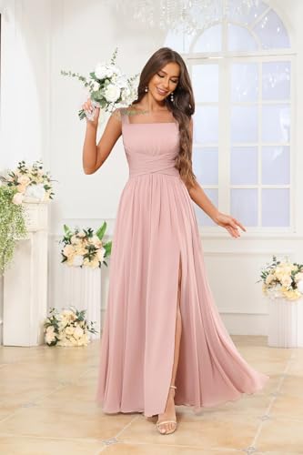 Chiffon Bridesmaid Dresses for Women Ruched Long Spaghetti Straps Formal Evening Gown with Pockets4