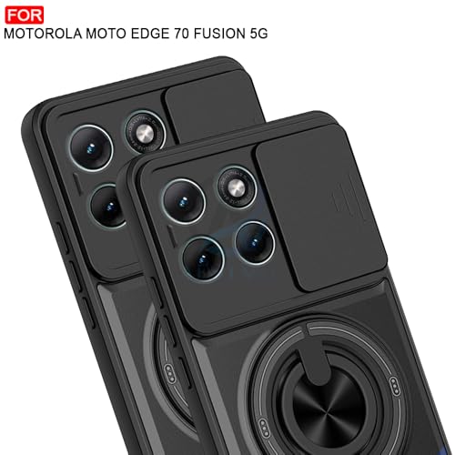 Image of AESTMO Moto Edge 70 Fusion 5G Back Cover | Armor Camera Slider 360 Degree Rotating Finger Ring Holder Case with Bracket Stand Back Case Cover (Compatible with MagSafe Accessories) (Black)