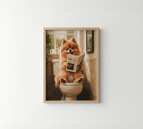 Image of Pomeranian on Toilet Wood Framed Wall Art Print Poster, Dog Bathroom Humor Decor Posters Prints for Restroom Home Picture Painting Artwork Gallery 7 (Pomeranian, 11 inchW x 14 inchL, Wood Frame)