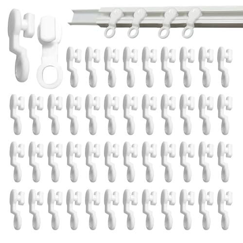 Brilovent 50 Pcs Curtain Hooks Plastic, Curtain Track Gliders, Swish Curtains Rail Glider Spares, White Durable Hooks Ideal for Carava,Living Room, Bathroom, Kitchen