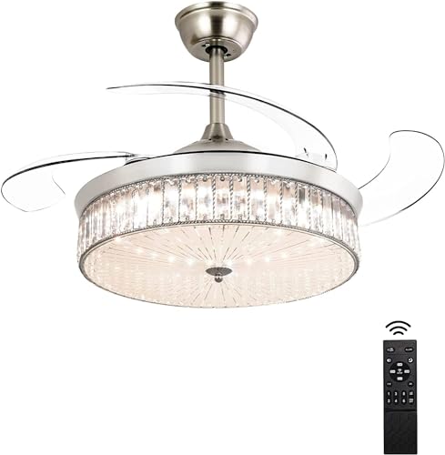 Ohniyou 42´´ Retractable Ceiling Fan with Light and Remote,Crystal Chandelier Ceiling Fan for Bedroom Living Room Indoor (Chrome Silver)