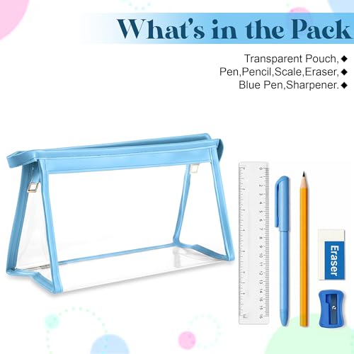 Image of GLUN Blue Transparent Zipper Pouch with inchAll The Best inch Stationery Kit Includes Scale, Pencil, Eraser, Sharpener & Pen Set for School Students