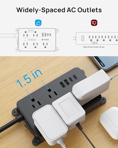 Image of TROND 360 Rotating Flat Plug Power Strip, 5ft Cord, Black
