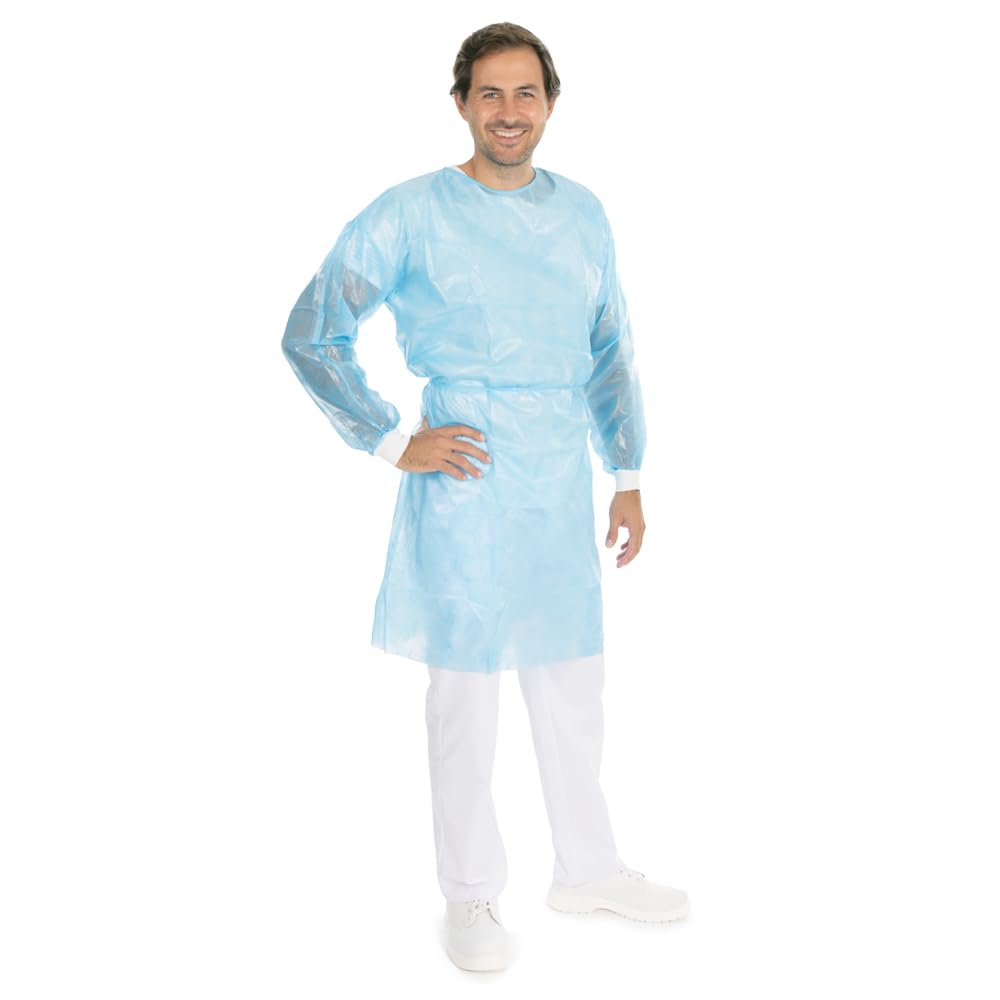 FRANZ MENSCH 100 Stück Hygonorm Kittel Med Light mit Klettverschluss | PP, PE teil-laminiert, blue, XL, L: 135cm, Umfang: 145cm, Box, Infektionsschutzkittel, PP-Schutzkittel, Einwegkittel