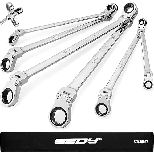 Extra Long Flex-Head Ratcheting Wrench Set Anti-Slip 6-Piece Double Box End Wrench Set 72-Teeth Metric 8-19mm CR-V Steel Wrench with Rolling Pouch