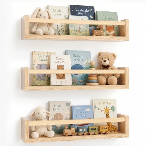 ZONJIE Nursery Shelves Set of 3-16.5 Inch Baby Floating Bookshelf, Wood Wall Mounted Children’S Book Shelves for Kids Nursery Decor, Hanging kids Furniture for Toy Storage and Playroom, Kids Room