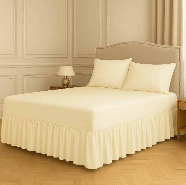 Polycotton Fitted Valance Sheet - Bed Skirt 25cm Deep with 30cm All-Around Frill - Soft Easy Care Wrinkle Resistant Base Cover - Secure Fit Bedding Valance (Cream, Single)