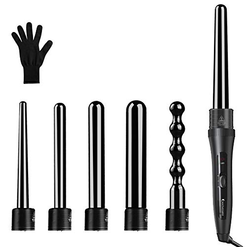 6 in 1 Hair Curling Wand and Curling Iron Set with 6 Interchangeable Ceramic Barrels and Heat Resistant Glove(Black), 0.35-1 1/4 Inch Hair Curler for Mother's Day Gifts by Duomishu