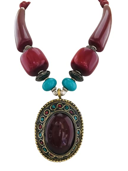 Sattyaki Antique Silver Oxidised Tribal Tibetan Semi Precious Stone and Pendant Bohemian Jewellery Necklace for Women and Girls (Red Maroon Large Pendant) (B09W32CKTY) Amazon Price History, Amazon Price Tracker