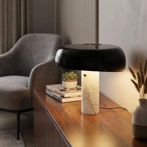 BARCELONA LED Lampada da Tavolo Moderna Nera con Base in Marmo Bianco, Design Classico e Lussuoso per Scrivania, Comodino o Soggiorno, Stile Retrò ed Elegante, Piccola Luce Diretta E27, 40cm