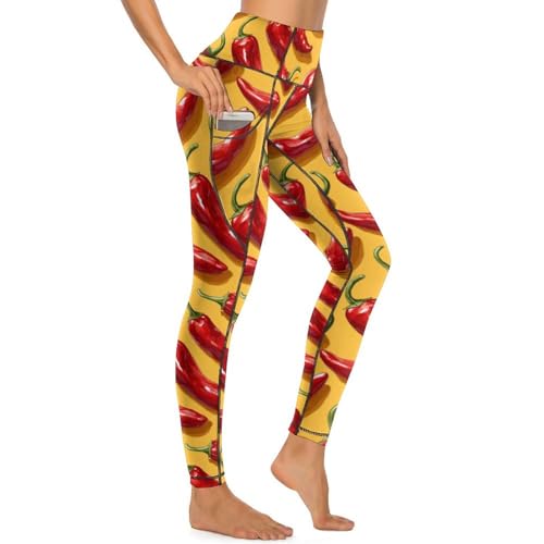 Pantalon de yoga avec poches et contrôle du ventre : legging imprimé piment rouge galbant