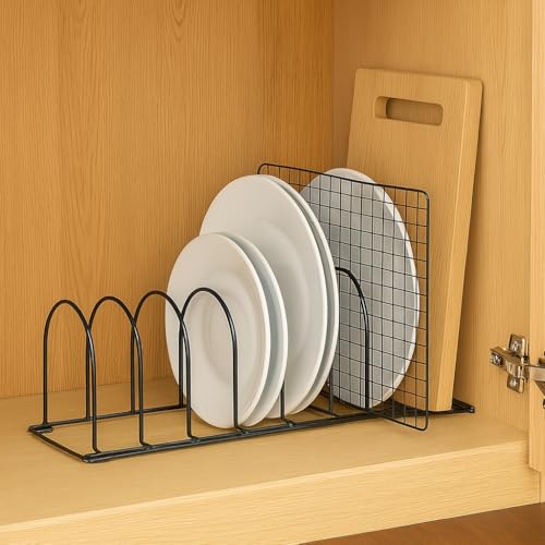 Image of Dish Rack Organizer for Kitchen - 7 Compartment Countertop Dish Drying Rack, Space-Saving Black Iron Dish Drainer Rack, 14 x 8 x 8 Inches