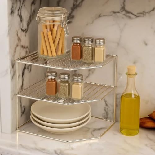 Image of Homify Stainless Steel 3-Tier Countertop Storage Rack For Corners, Multipurpose Stainless Steel Kitchen Plate Dish Corner Rack Stand Holder, Corner Shelf