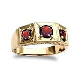 Jewelco London Men's Solid 9ct Yellow Gold Round Brilliant Garnet 3 Stone Trilogy Carved Gypsy Ring
