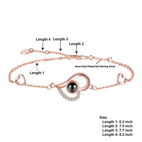 OneSight Women Love Heart Projection Bracelet or Anklet Jewelry, 925 Sterling Silver Memory of Love Bracelet or Anklet - 100 Different Languages for I Love You (Rose Gold Bracelet) - Image 6