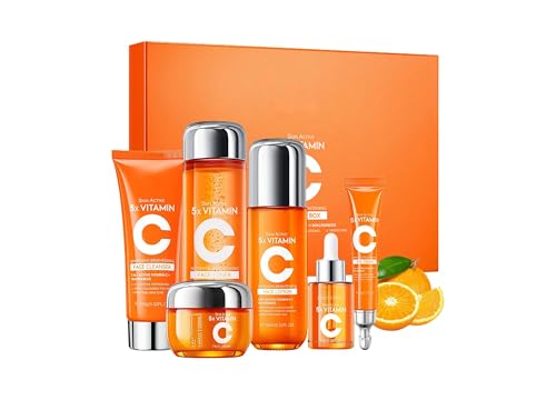 6PCS Vitamin C Skincare Gift Set, Brightening & Hydrating Facial Kit with Cleanser, Toner, Serum, Eye Cream, Lotion & Cream, Pamper Set for Women,Anti-Aging Korean Skincare Set for All Skin Types