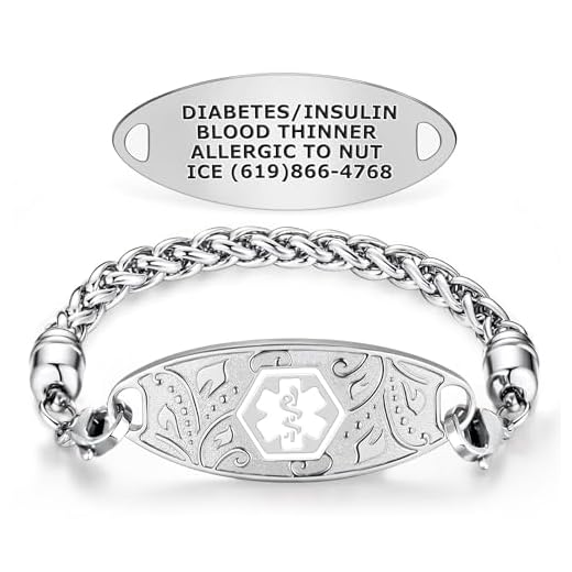 Divoti Custom Engraved Medical Alert Bracelets for Women, Stainless Steel Medical Bracelet, Medical ID Bracelet w/Free Engraving – Lovely Filigree Tag w/Wheat-White-7.5"