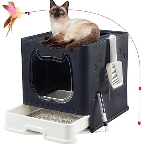 Suhaco Covered Cat Litter Box Top Entry Kitty Litter Box with Lid Foldable Kitten Litter Tray Including Cat Litter Scoop and 2-1 Cleaning Brush Easy Clean Up(Black) Cover