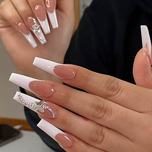 Amazon Com Outyua French Designer Press On Nails Coffin Glossy Butterfly Rhinstone Extra Long False Nails With Design Acrylic Full Cover Artificial Nails For Women And Girls 24pcs Beauty Personal Care