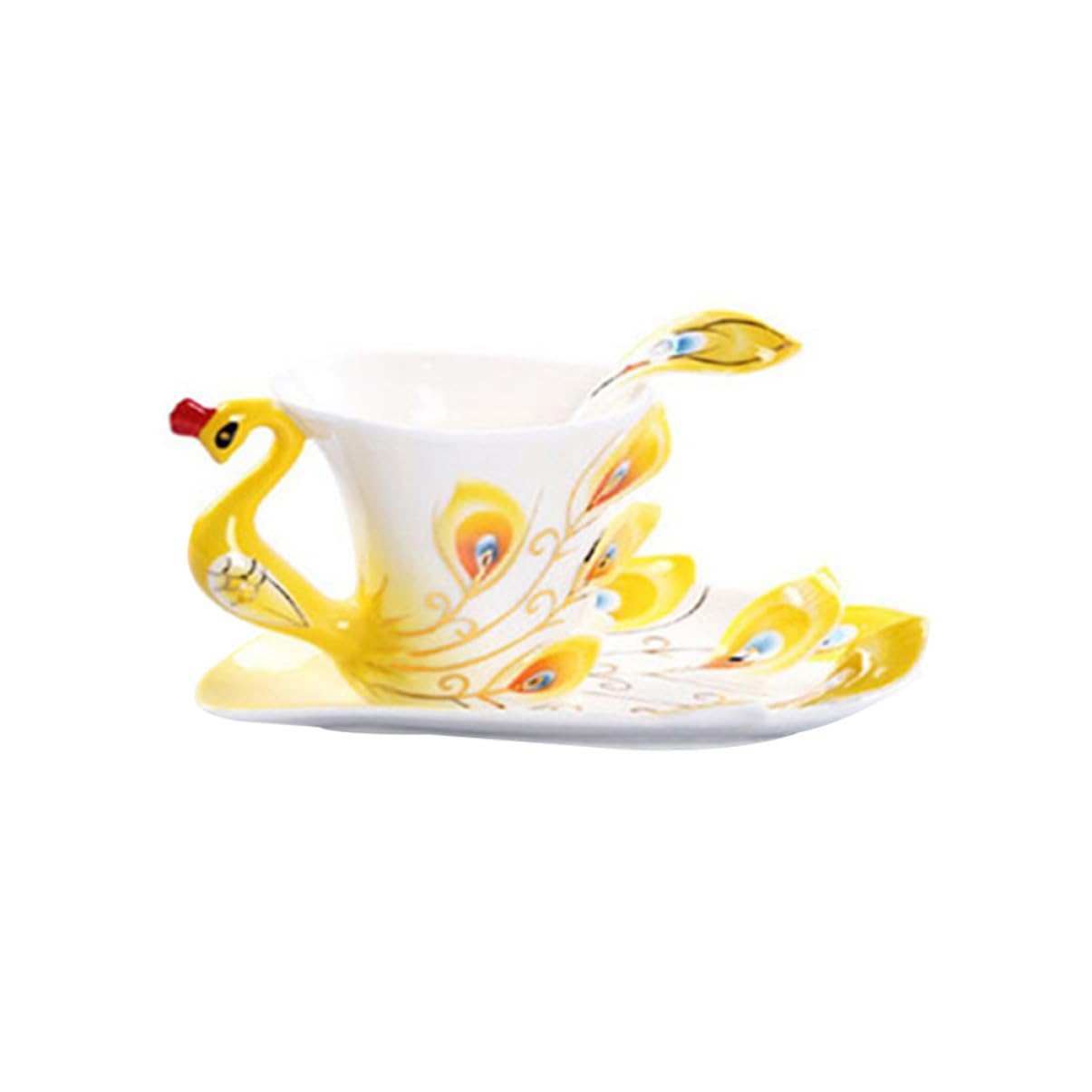 HEMOTON Set Tazzine da Caffè in Porcellana Giallo Piattino e Cucchiaio Design Ergonomico per Colazione o Tè Pomeridiano