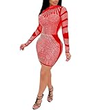 PORRCEY Hot Drilling Craft Sexy Long Sleeve Dress Sexy Dress Party Club Evening Dress (3201,Red,M)