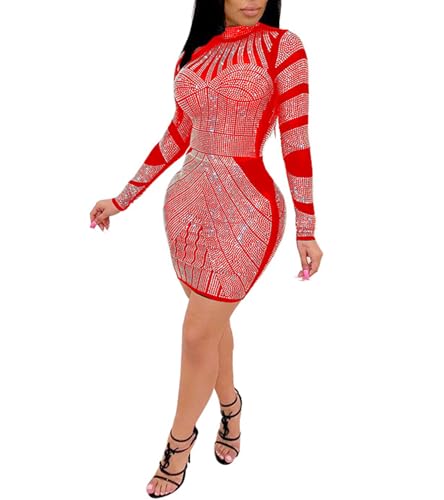 PORRCEY Women's Hot Drilling Craft Sexy Long Sleeve Mesh See Through Party Club Night Rhinestone Dress