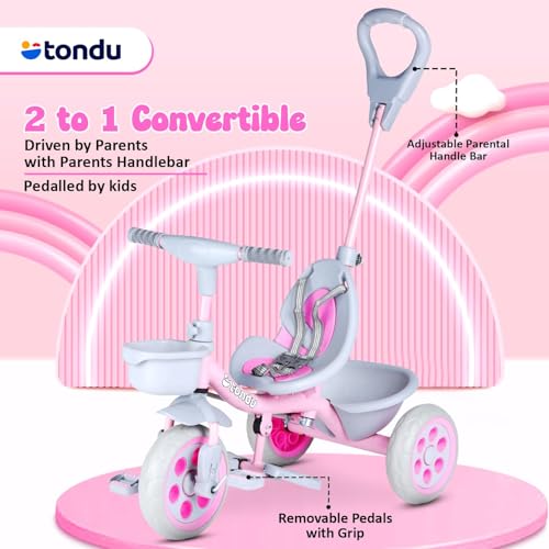 Image of TONDU Kiddo Tricycle for Kids /Baby with Storage Basket | Seat Belt with Parental Control Baby Tricycle (Pink)